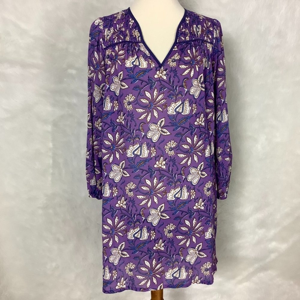 Xirena Nyssa Purple Floral Long Sleeve V-Neck Smocked Mini Dress XS